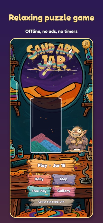 Main menu with Grit the sand goblin